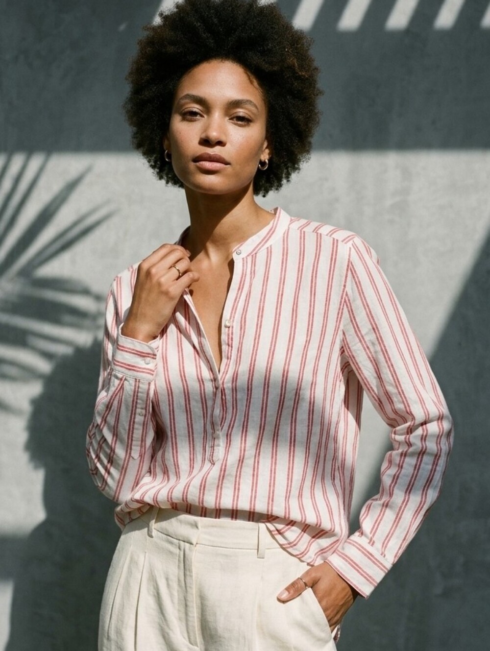 Abercrombie & Fitch Cotton Striped Popover Shirt Band Mandarin Collar Blouse M